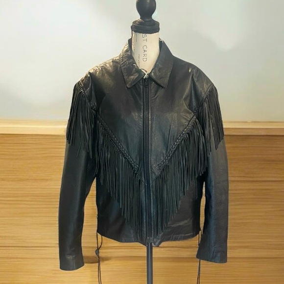 LEATHER FRINGE BIKER JACKET SILVER BIKE WOMENS SZ XXL BLACK Moto - Picture 1 of 14